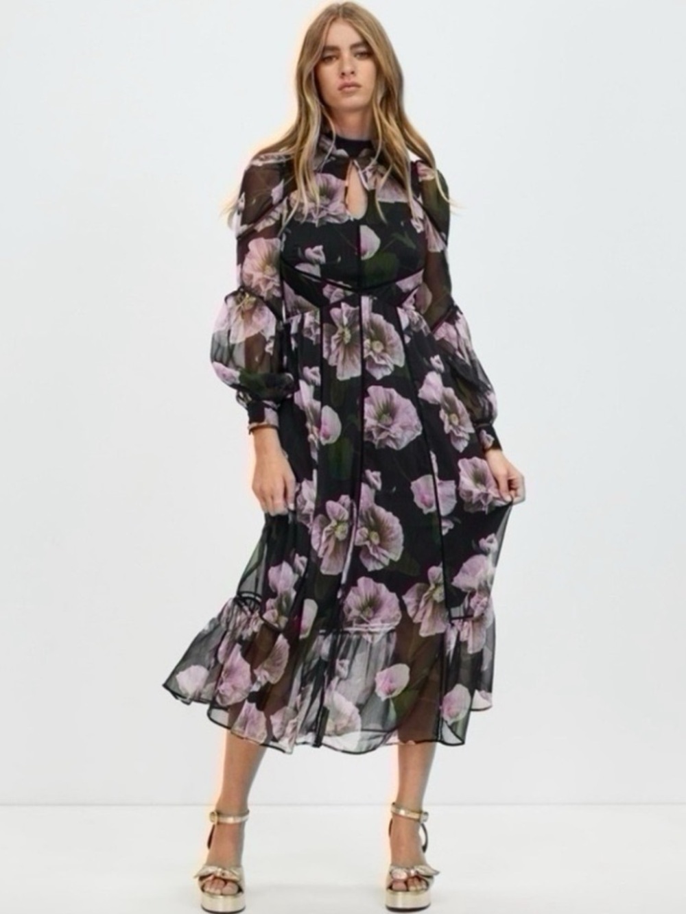 NWT Ted Baker Pohlley Floral Ladder Lace Midi Dress Black US 6